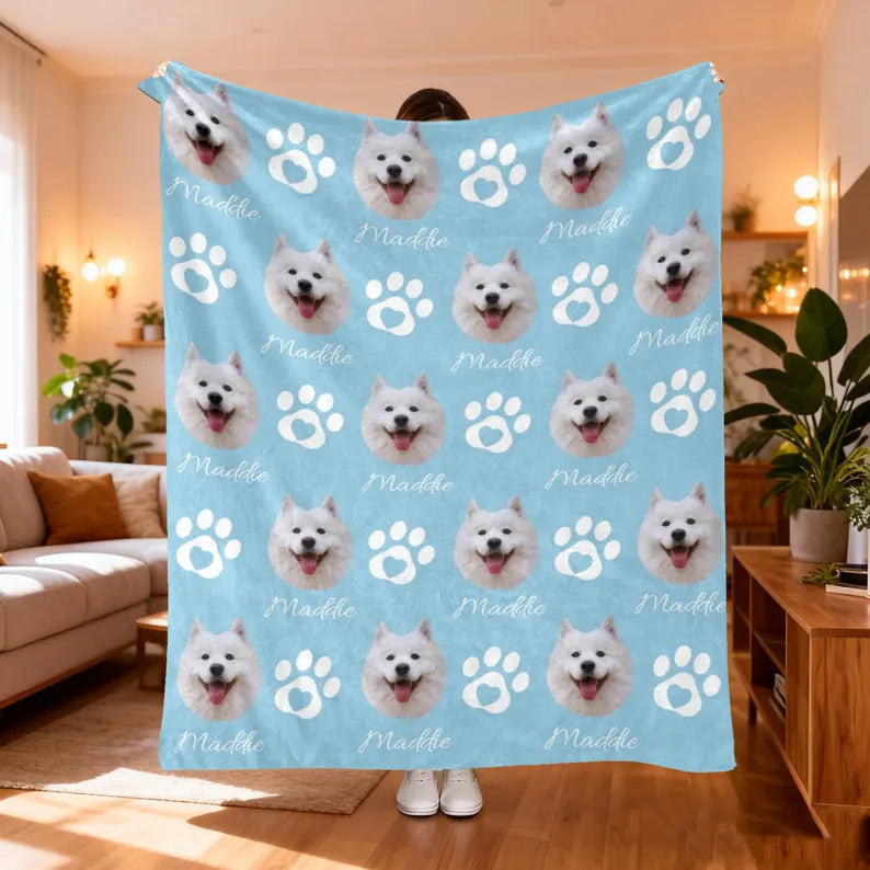 Custom Pet Photo Blanket With Name, Personalized Dog Cat Blanket, Family Gifts