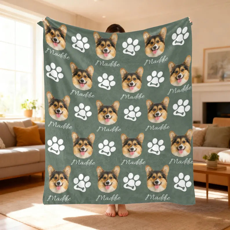 Custom Pet Photo Blanket With Name, Personalized Dog Cat Blanket, Family Gifts
