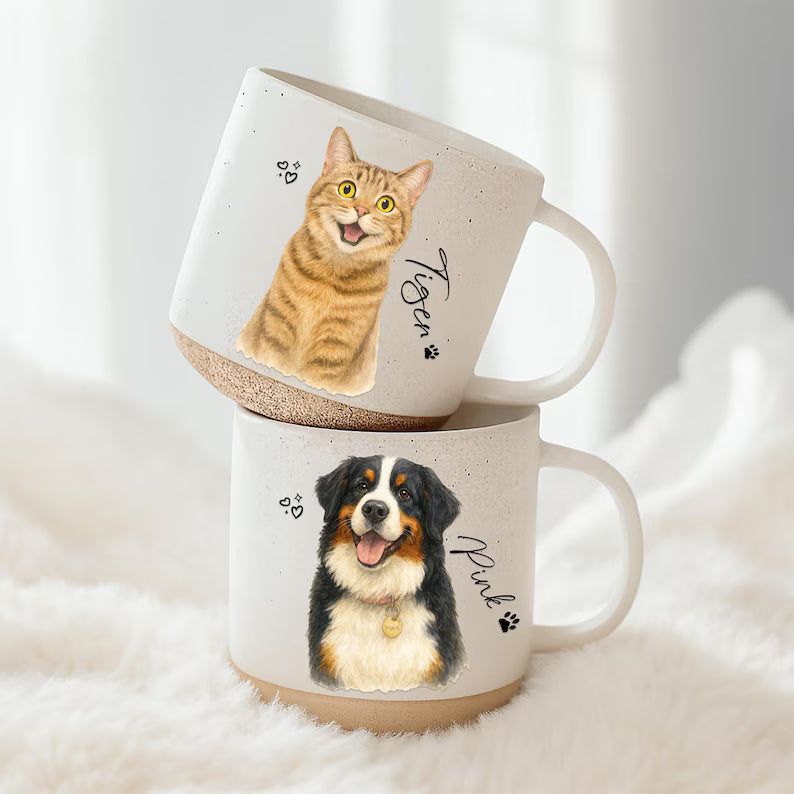 Custom Pet Portrait Pottery Mug – Personalized Watercolor Dog Cat Gift