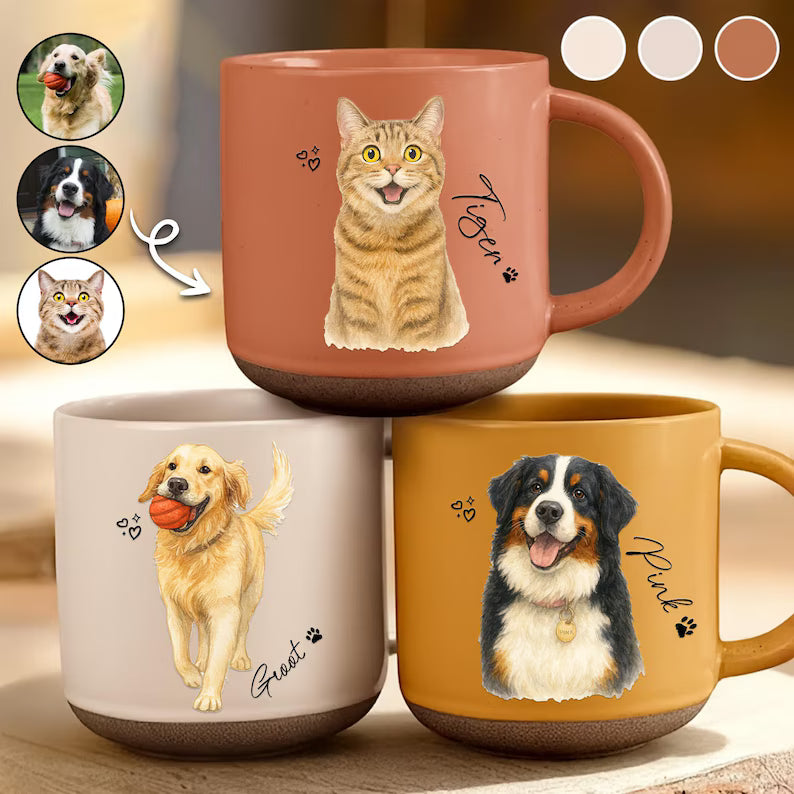 Watercolor Full Body Pet Portrait Pottery Mug - Personalized Dog & Cat Mug With Name - Gift For Pet Lovers