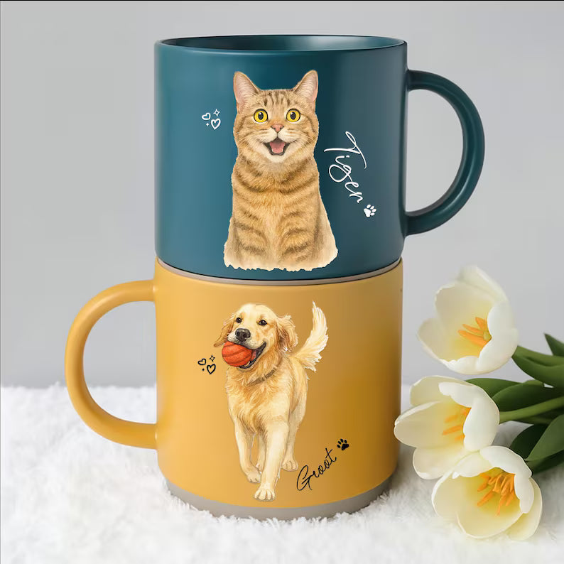 Custom Pet Portrait Pottery Mug – Personalized Watercolor Dog Cat Gift