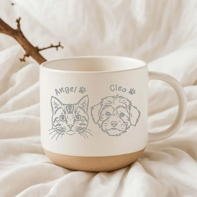 Photo Pet Engraved Pottery Mug, Personalized Pet Portrait Coffee Cup Gift For Cat Dog Lovers, Custom Dog Face Remembrance Gifts, Cat Mugs