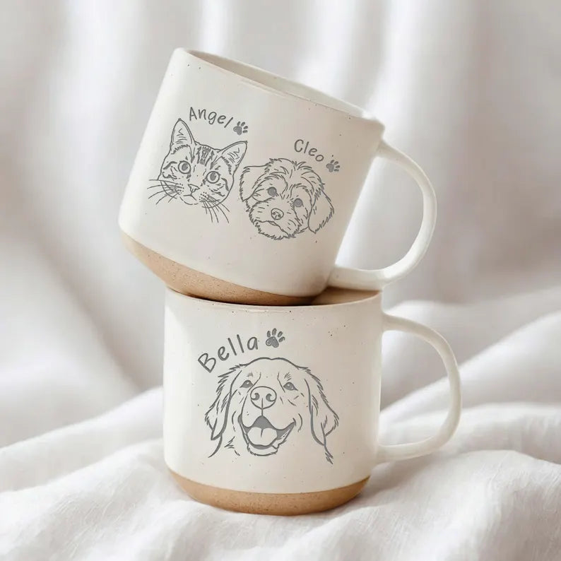 Photo Pet Engraved Pottery Mug, Personalized Pet Portrait Coffee Cup Gift For Cat Dog Lovers, Custom Dog Face Remembrance Gifts, Cat Mugs