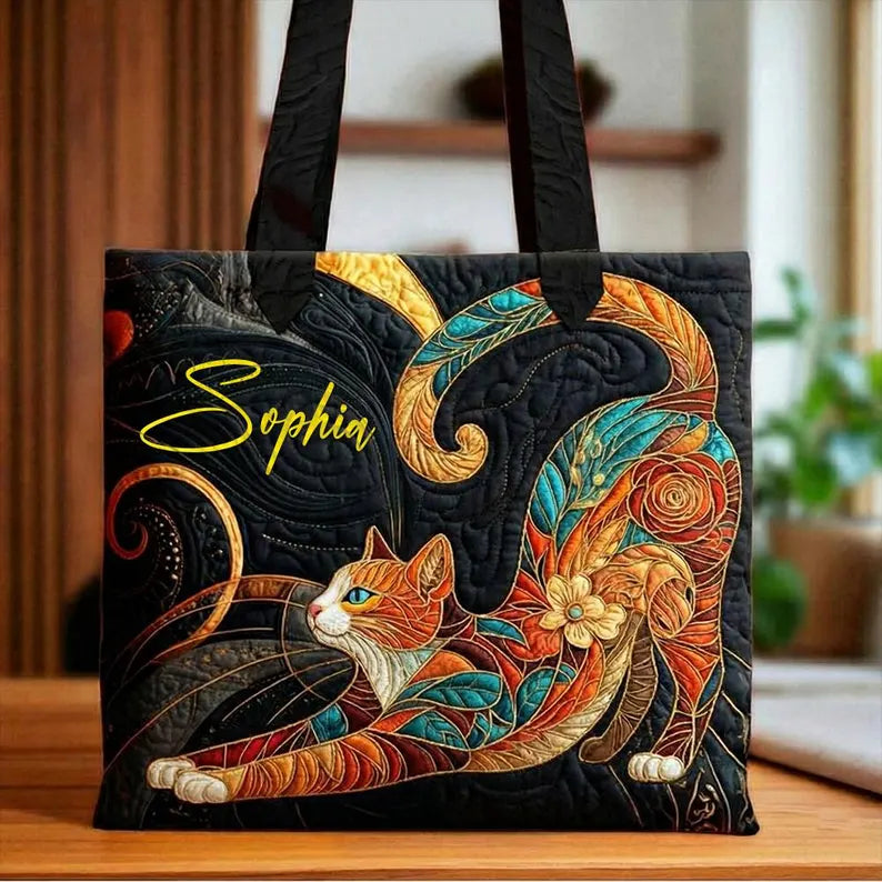 Stretching Cat Quilted Tote Bag - Personalized Colorful Cat Art Shoulder Bag With Name - Gift For Cat Lovers