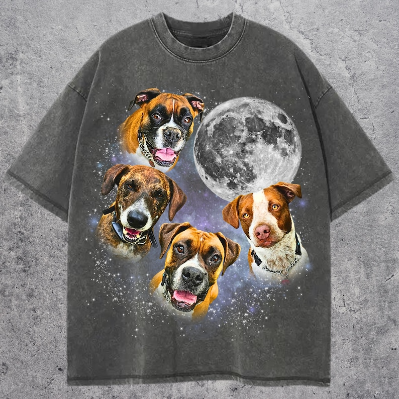 Custom Pet Portrait Comfort Colors Tshirt, Personalized Dog Cat Photo Tee, Vintage Graphic Moon Shirt, Gift for Pet Lovers Him Her