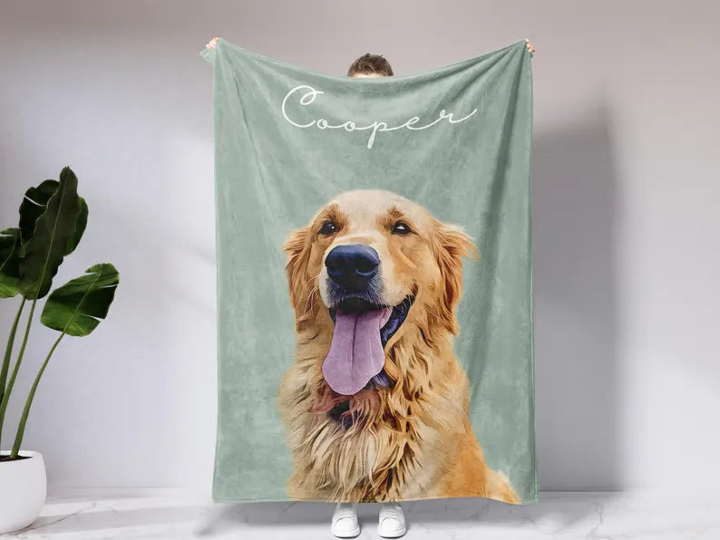 Custom Pet Blanket With Photo And Name, Personalized Dog Portrait Gift, Cat Picture Throw, Dog Mom Gift, Pet Memorial, Cat Picture Blanket