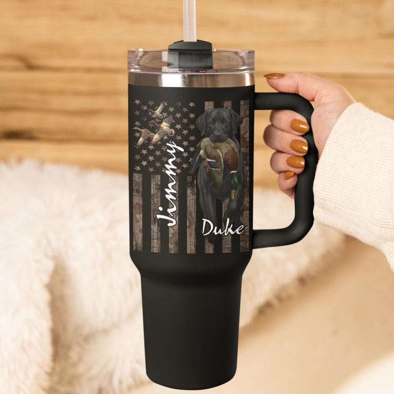 Personalized Duck Hunting Dog Photo Tumbler - Custom 40 oz Camo Flag Cup With Names - Gift For Hunters