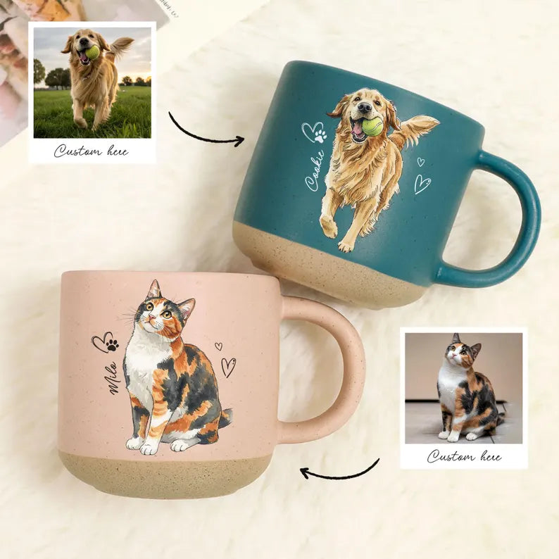 Personalized Dog cat Watercolor Photo Pottery Mug, Pet Portrait Coffee Cup Gift For Cat Dog Lovers, Dog Remembrance Gifts,Cat Mugs,Pet Lover
