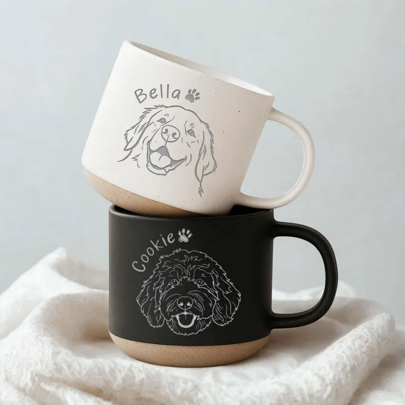 Photo Pet Engraved Pottery Mug, Personalized Pet Portrait Coffee Cup Gift For Cat Dog Lovers, Custom Dog Face Remembrance Gifts, Cat Mugs