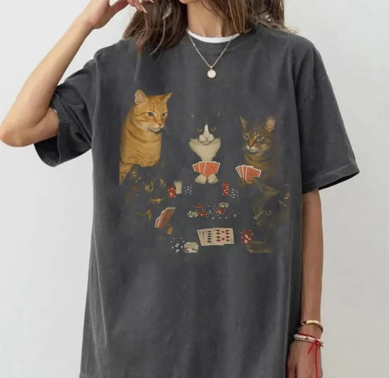 Vintage Cats Playing Pokerr Meme Graphic Tee, Funny Cat Shirt, Funny Poker Graphic Tee Gift For Boyfriend Menswear Top Streetwear