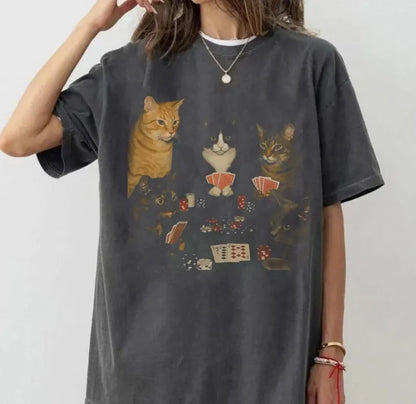 Vintage Cats Playing Pokerr Meme Graphic Tee, Funny Cat Shirt, Funny Poker Graphic Tee Gift For Boyfriend Menswear Top Streetwear