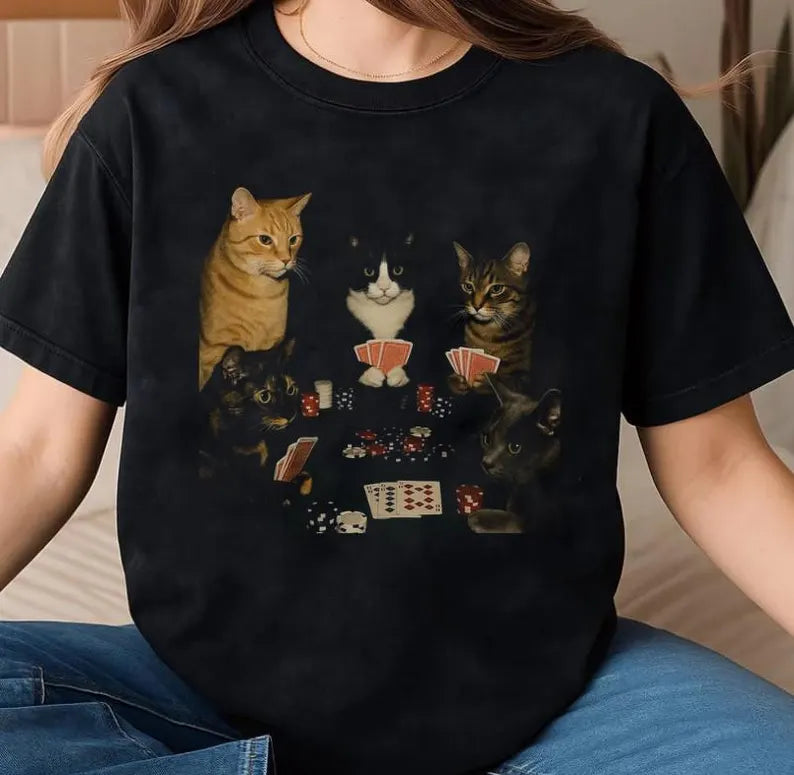 Vintage Cats Playing Pokerr Meme Graphic Tee, Funny Cat Shirt, Funny Poker Graphic Tee Gift For Boyfriend Menswear Top Streetwear
