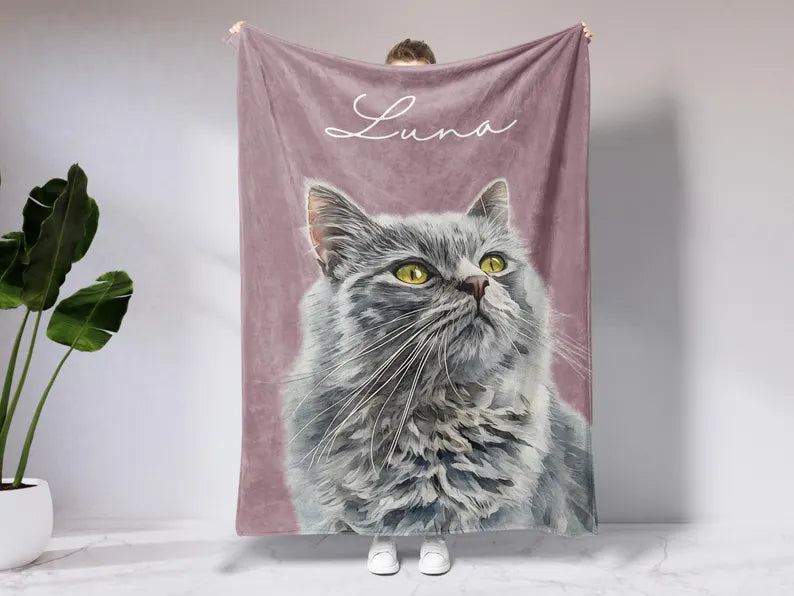 Custom Pet Blanket With Photo And Name, Personalized Dog Portrait Gift, Cat Picture Throw, Dog Mom Gift, Pet Memorial, Cat Picture Blanket