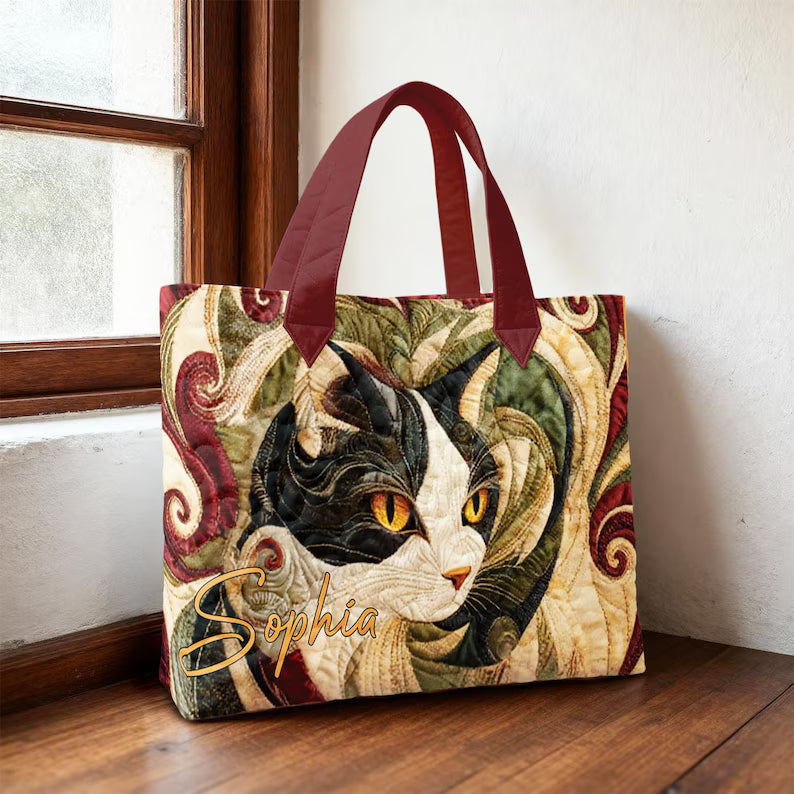 Cat Lover Quilted Tote Bag, Quilted Tote for Cat Lover, Tote for Cat Moms, Cat Quilt Tote Bag, Cat Mom Gift, Animal Lover Gift, Cat Face Bag