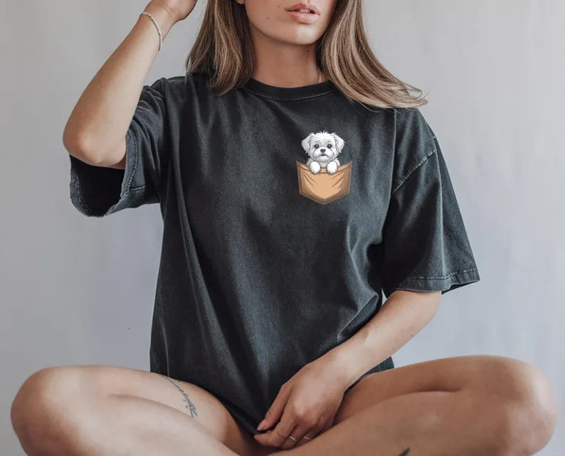 Maltese Pocket Shirt | Cute Dog Lover Gift | Adorable Puppy Tee | Maltese Mom Apparel