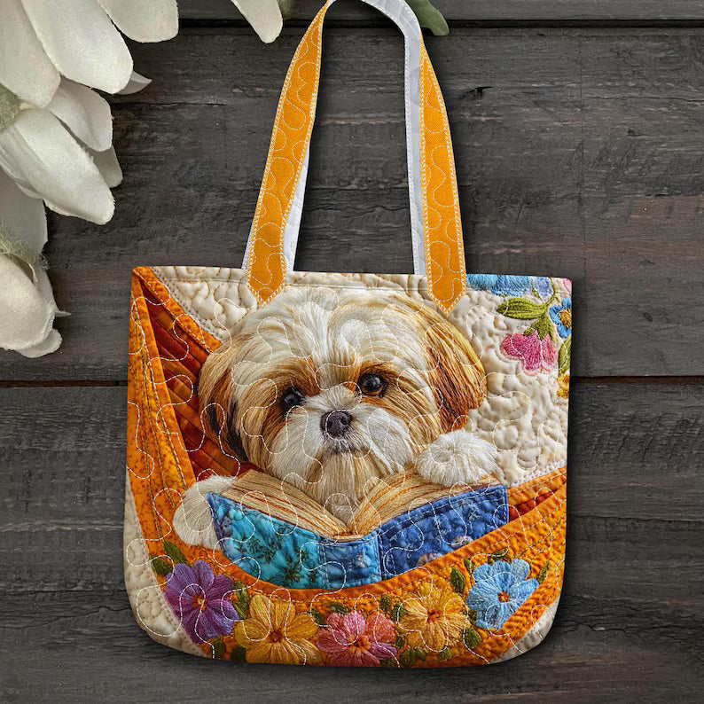 Cute Puppy Reading Book Quilt Tote Bag, Dog Lover Gift, Tote Bag Gift for Dog Mom, Book Lover Gift, Bags Gift For Dog Lover, Pet Lover Gift