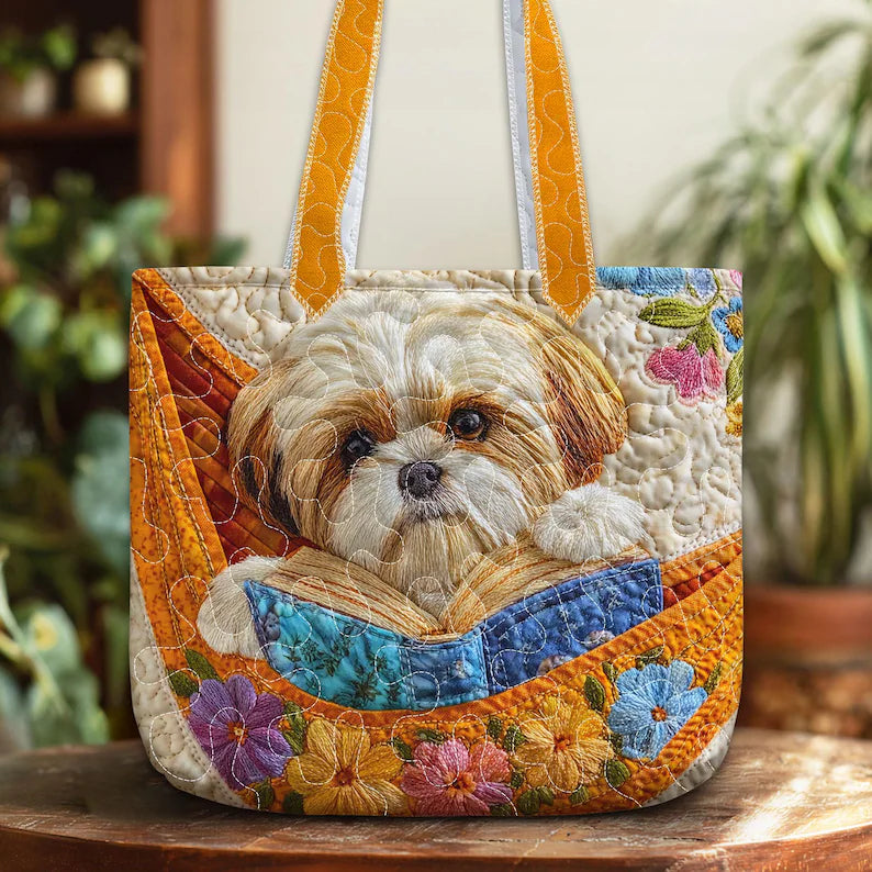 Cute Puppy Reading Book Quilt Tote Bag, Dog Lover Gift, Tote Bag Gift for Dog Mom, Book Lover Gift, Bags Gift For Dog Lover, Pet Lover Gift