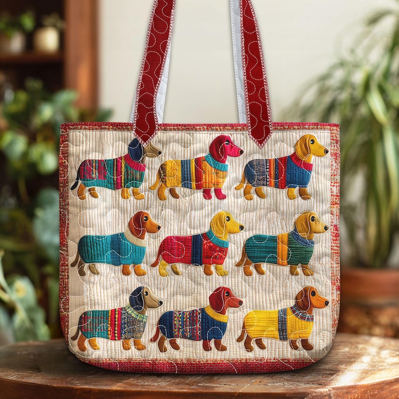 Dachshunds In Sweaters Quilted Tote Bag - Cute Wiener Dog Shoulder Bag - Gift For Dachshund Moms & Dog Lovers