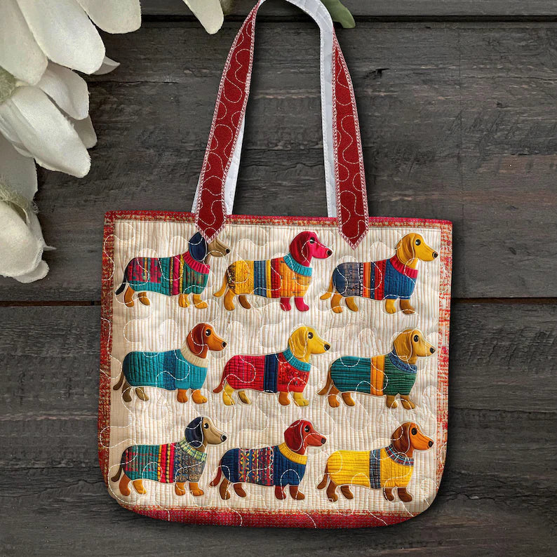 Dachshunds In Sweaters Quilted Tote Bag - Cute Wiener Dog Shoulder Bag - Gift For Dachshund Moms & Dog Lovers