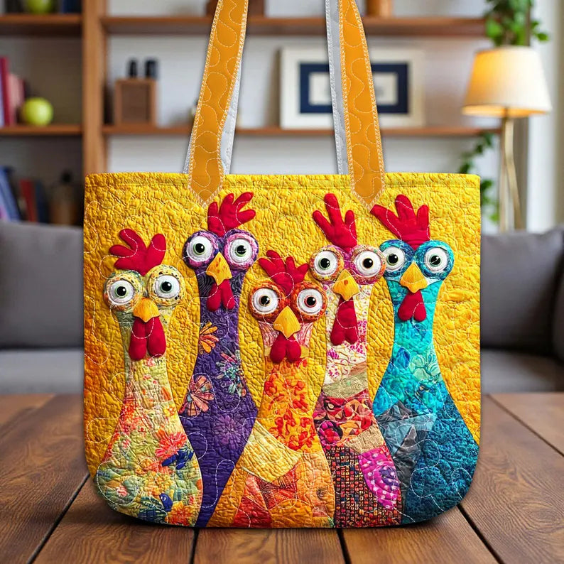 Chicken Quilt Tote Bag, Colorful Printed Patchwork Chicken Purse, Quilted Farm Bag