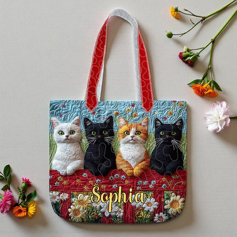 Cat Art Quilt Tote Bag, Quilt Tote Bag Gift for Cat Mom, Animal Lovers Gift, Bags Gift For Cat Lover, Pet Lover Gift, Cat Lover Gift For Her