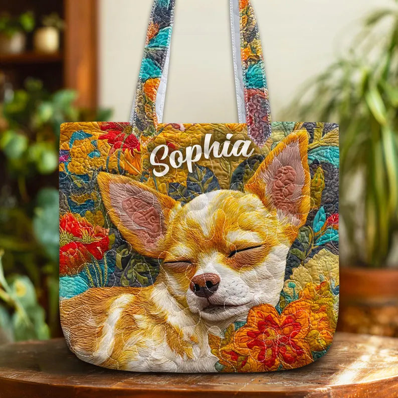 Sleeping Chihuahua Quilted Tote Bag - Personalized Floral Dog Shoulder Bag With Name - Gift For Chihuahua Moms