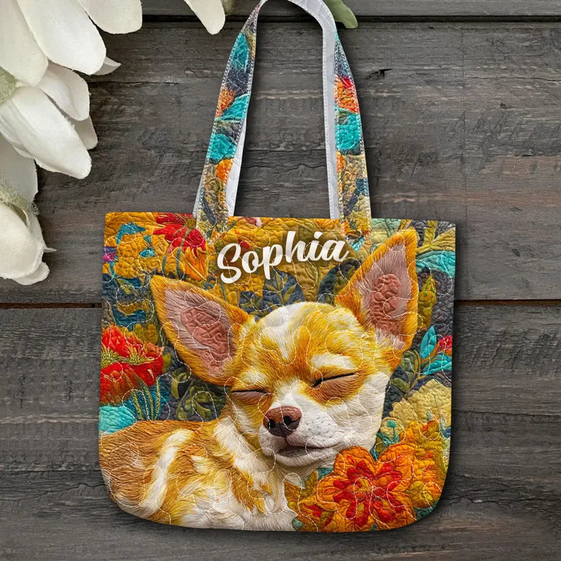 Personalized Chihuahua Dog Tote Bag, Custom Name Quilted Pet Lover Gift, Colorful Floral Dog Tote Handbag