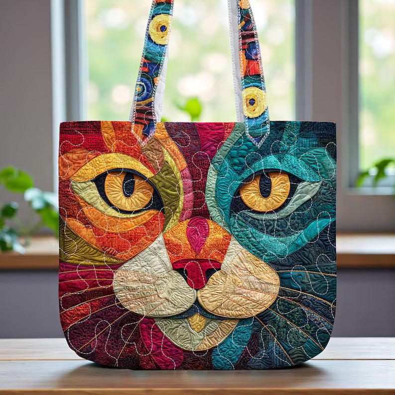 Colorful Quilted Cat Tote Bag, Artistic Cat Lover Gift, Patchwork Style Shoulder Bag, Cat Face Handbag, Unique Pet Lover Tote