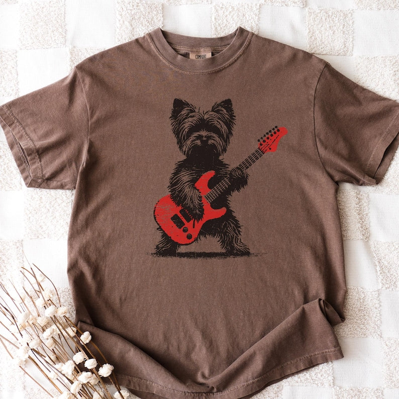 Yorkie Rock T-Shirt: Vintage Guitar Yorkshire Terrier Tee, Funny Music Lover Gift for Dog Parents