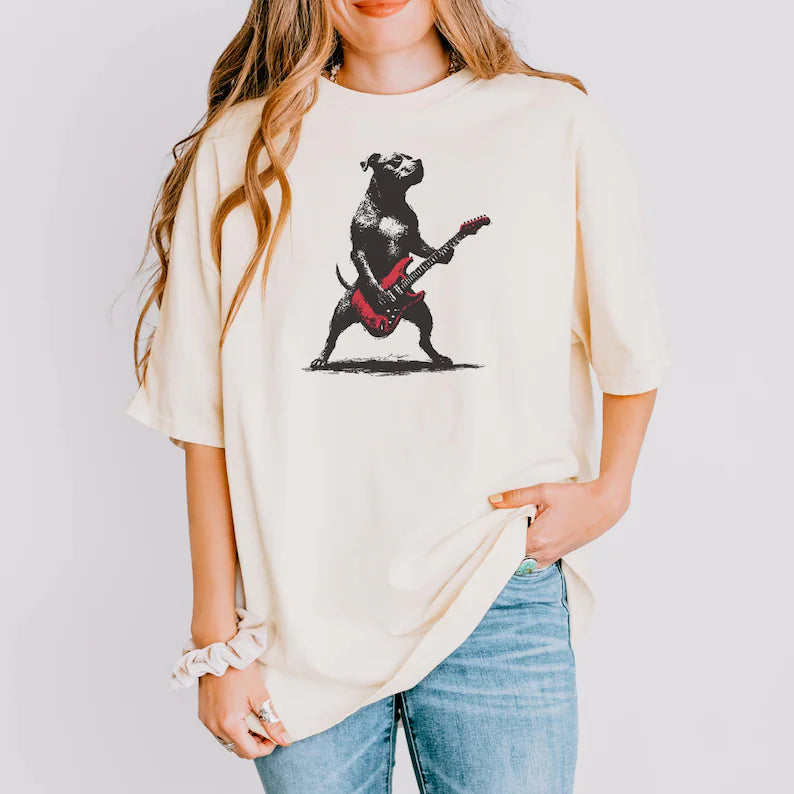 Rockstar Pitbull Guitar T-Shirt – Funny Musician Pit Bull Art Tee – Pittie Mom or Dad Gift