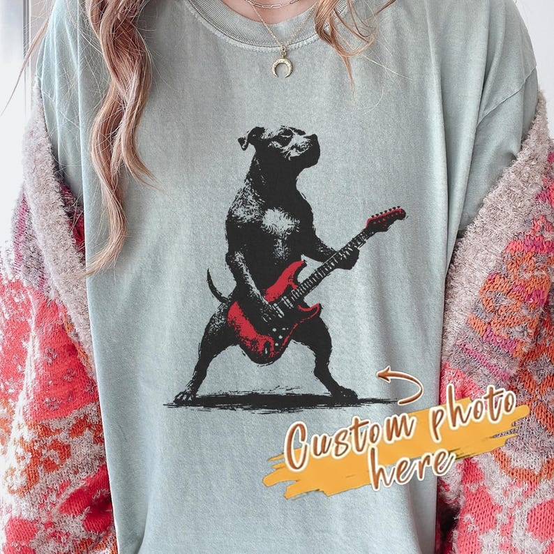 Rockstar Pitbull Guitar T-Shirt – Funny Musician Pit Bull Art Tee – Pittie Mom or Dad Gift