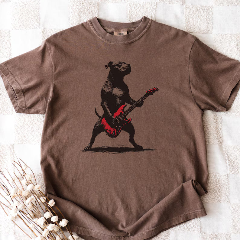 Rockstar Pitbull Guitar T-Shirt – Funny Musician Pit Bull Art Tee – Pittie Mom or Dad Gift