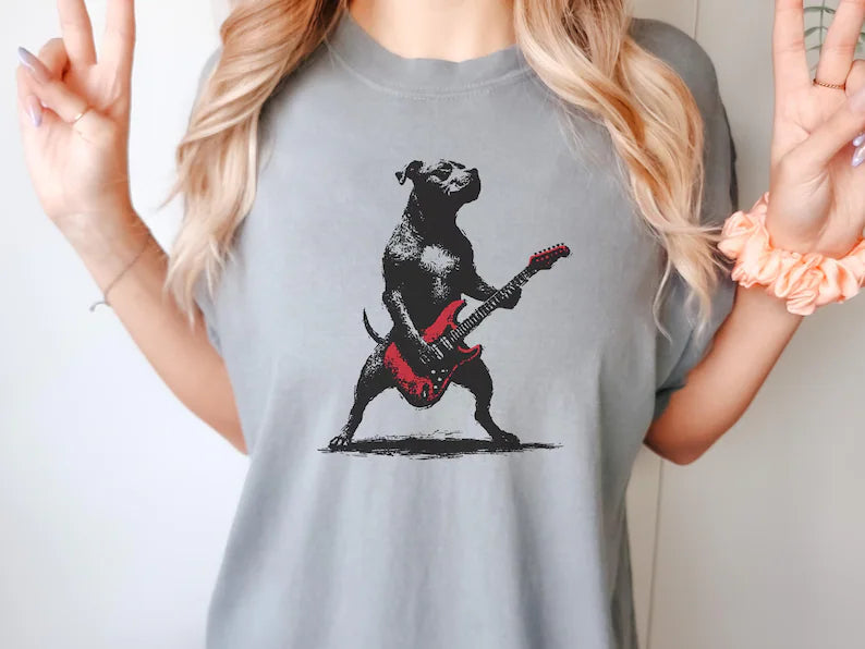 Rockstar Pitbull Guitar T-Shirt – Funny Musician Pit Bull Art Tee – Pittie Mom or Dad Gift