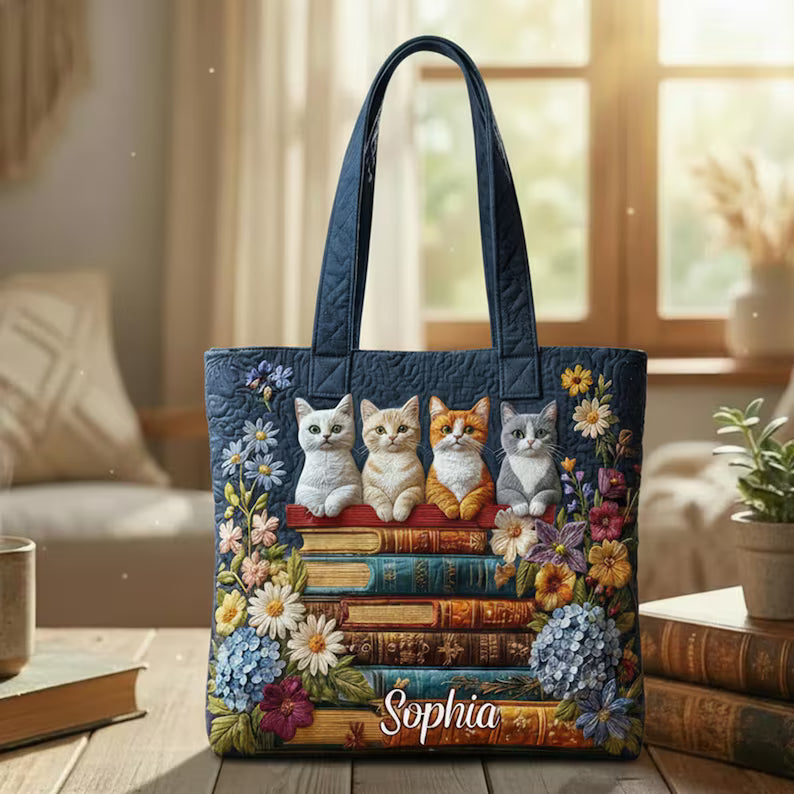 Cat Lover Quilted Tote Bag, Quilted Tote for Cat Lover, Tote for Cat Moms, Cat Quilt Tote Bag, Cat Mom Gift, Animal Lover Gift,2D printed