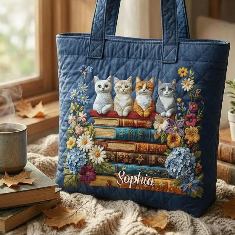 Cat Lover Quilted Tote Bag, Quilted Tote for Cat Lover, Tote for Cat Moms, Cat Quilt Tote Bag, Cat Mom Gift, Animal Lover Gift,2D printed