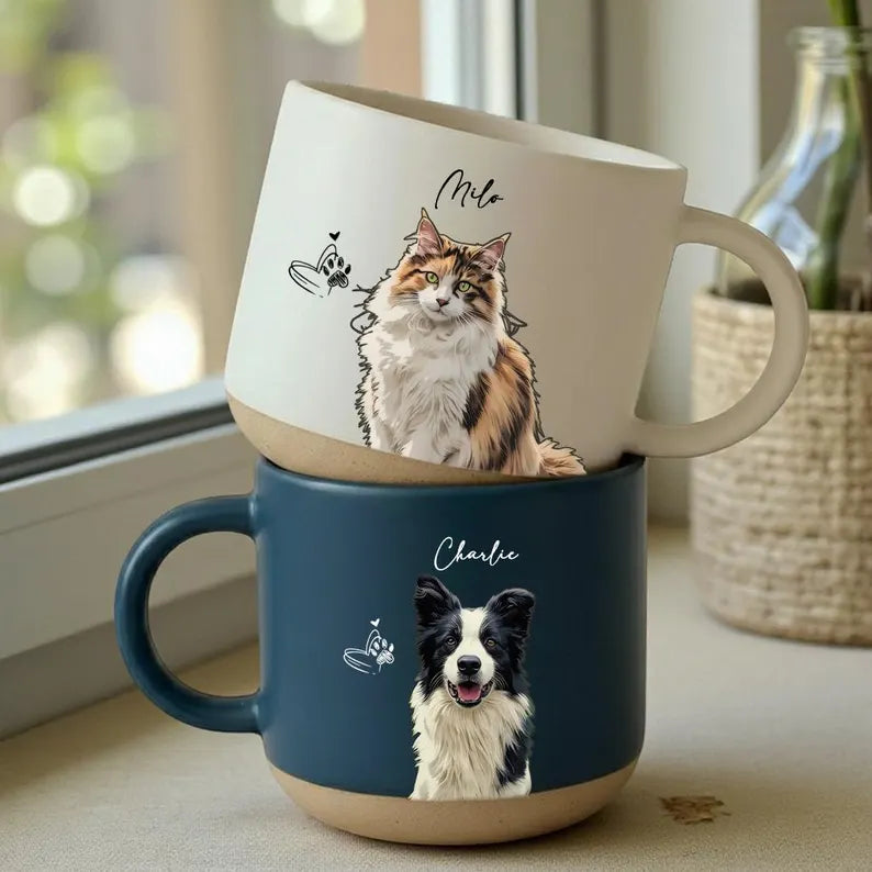 Personalised Watercolor Photo Pet Pottery Mug, Custom Pet Portrait Coffee Cup Gift For Cat Dog Lovers, Dog Memorial Gifts, Cat Mugs