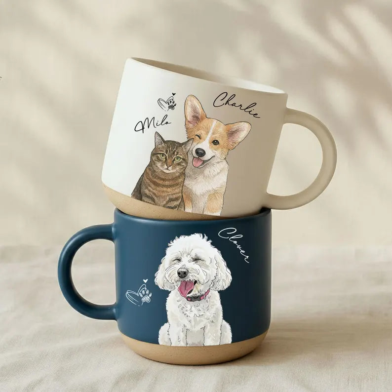 Personalized Watercolor Photo Pet Pottery Mug, Pet Portrait Coffee Cup Gift For Cat Dog Lovers, Custom Dog Remembrance Gifts, Cat Mugs