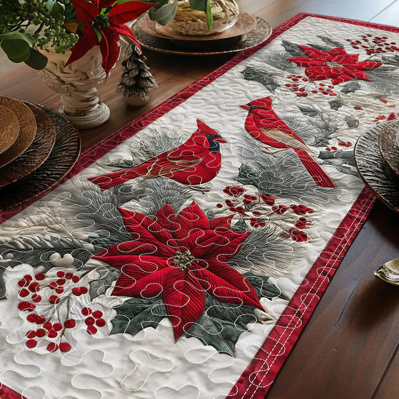 Red Cardinal Quilted Christmas Table Runner, Red Christmas Table Runner, Cardinal Decor