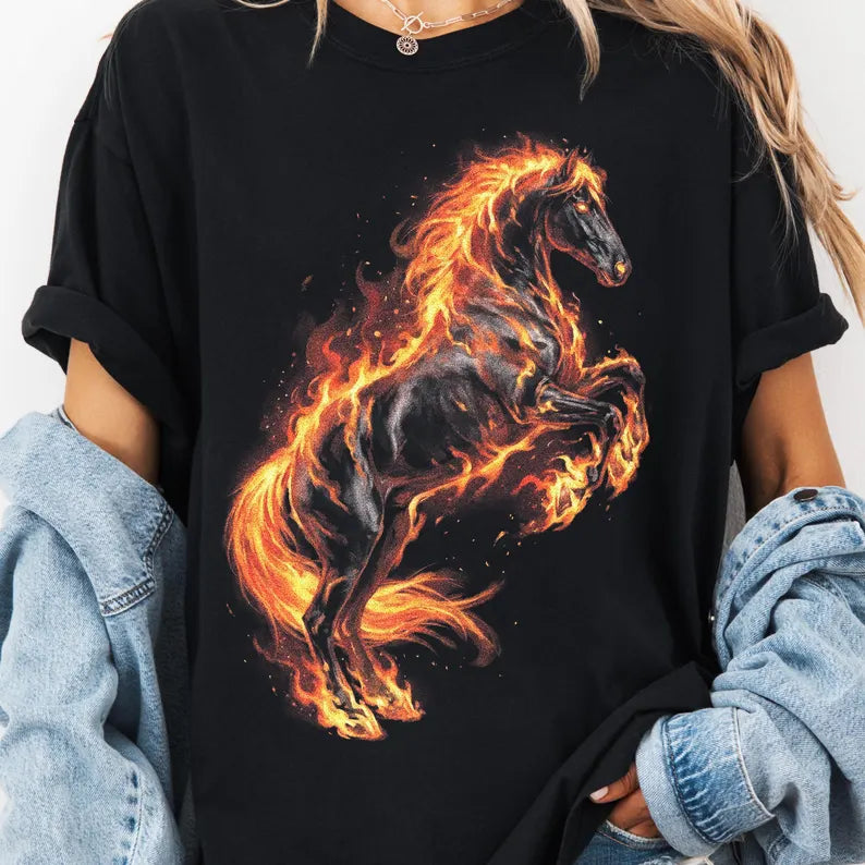 Fire Horse Graphic Tee, Flaming Stallion Artwork Shirt