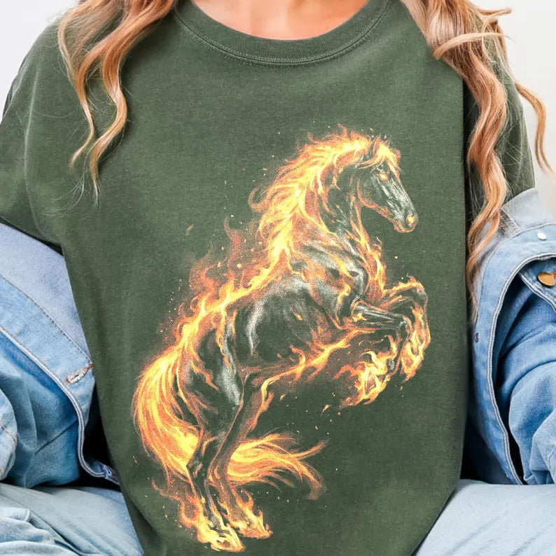 Fire Horse Graphic Tee, Flaming Stallion Artwork Shirt