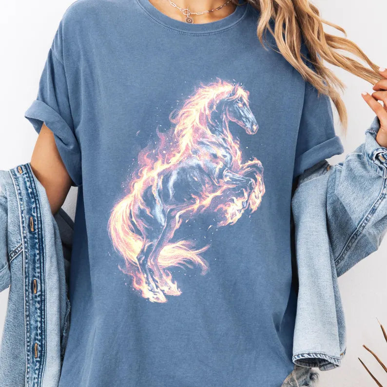 Fire Horse Graphic Tee, Flaming Stallion Artwork Shirt