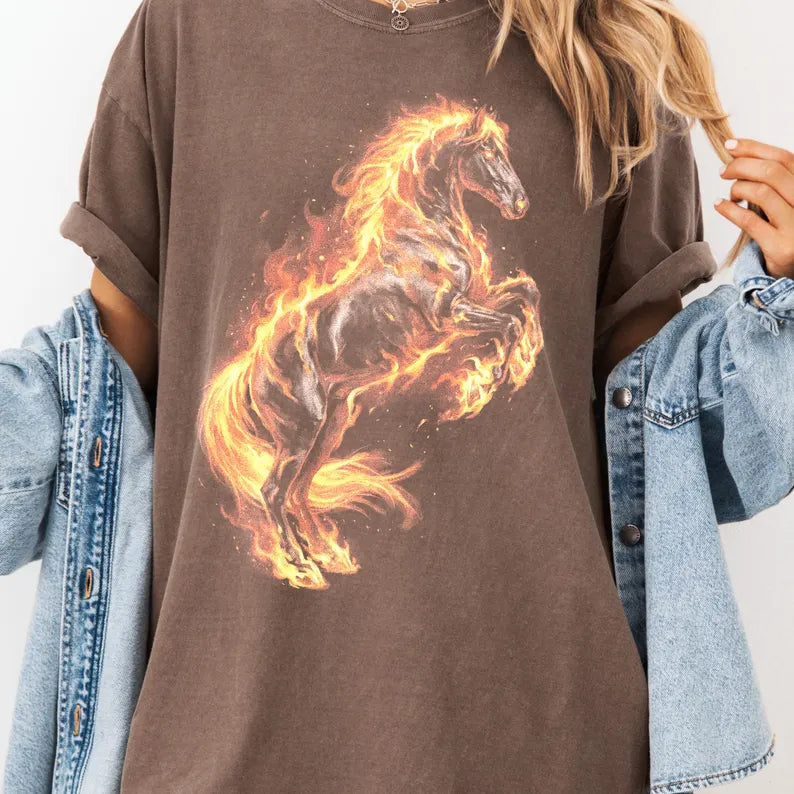 Fire Horse Graphic Tee, Flaming Stallion Artwork Shirt