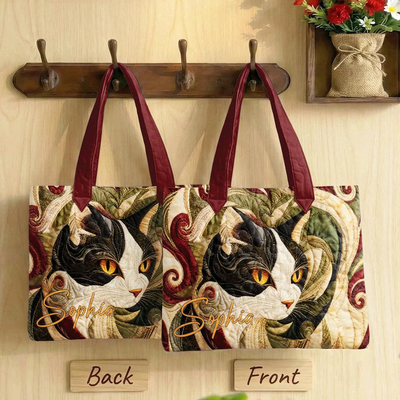 Cat Lover Quilted Tote Bag, Quilted Tote for Cat Lover, Tote for Cat Moms, Cat Quilt Tote Bag, Cat Mom Gift, Animal Lover Gift, Cat Face Bag