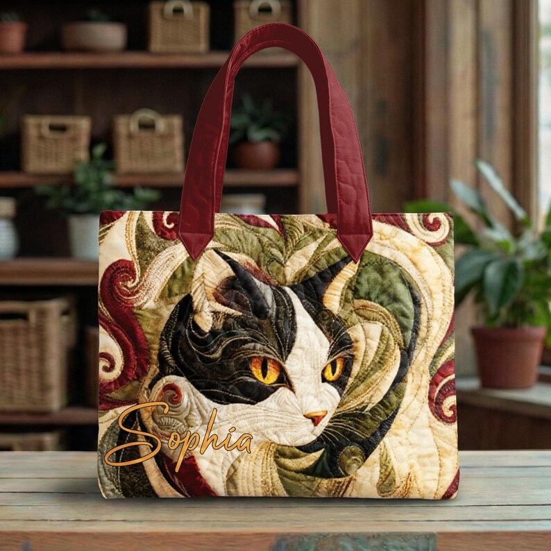 Tuxedo Cat Art Quilted Tote Bag - Personalized Cat Shoulder Bag With Name - Gift For Cat Moms