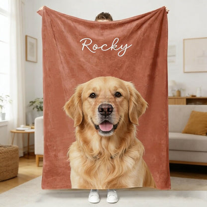 Custom Pet Portrait Fleece Blanket with Name - Realistic or Oil Painting Dog & Cat Photo Throw - Memorial Gift