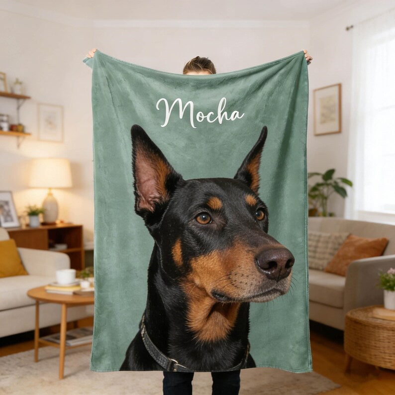 Custom Pet Photo Fleece Blanket,Personalized Dog Cat Portrait Blanket,Pet Memorial Gift,Custom Dog Cat Memorial Gift