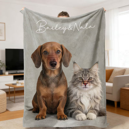 Custom Pet Portrait Fleece Blanket with Name - Realistic or Oil Painting Dog & Cat Photo Throw - Memorial Gift