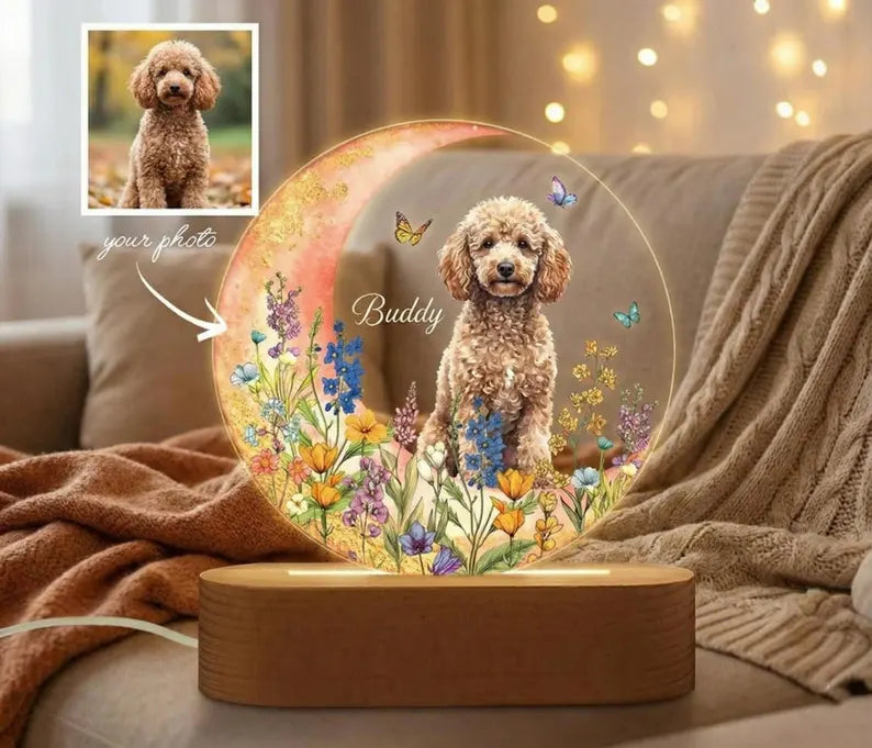 Moon Garden Pet Portrait Night Light - Personalized LED Lamp From Your Pet Photo - Dog Cat Memorial Gift