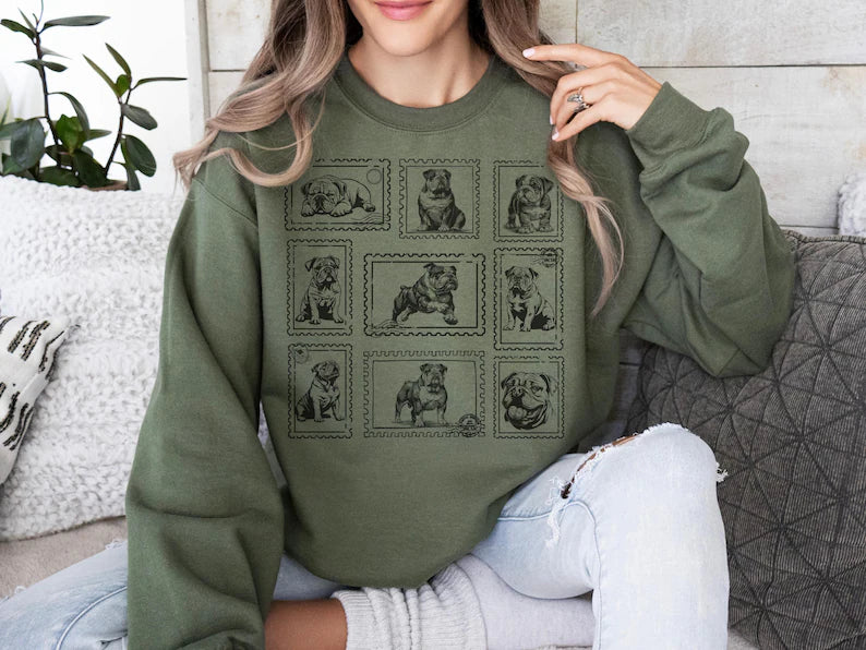 English Bulldog Vintage Stamp Sweatshirt - Retro Bulldog Crewneck With Custom Pet Option - Gift For Dog Moms