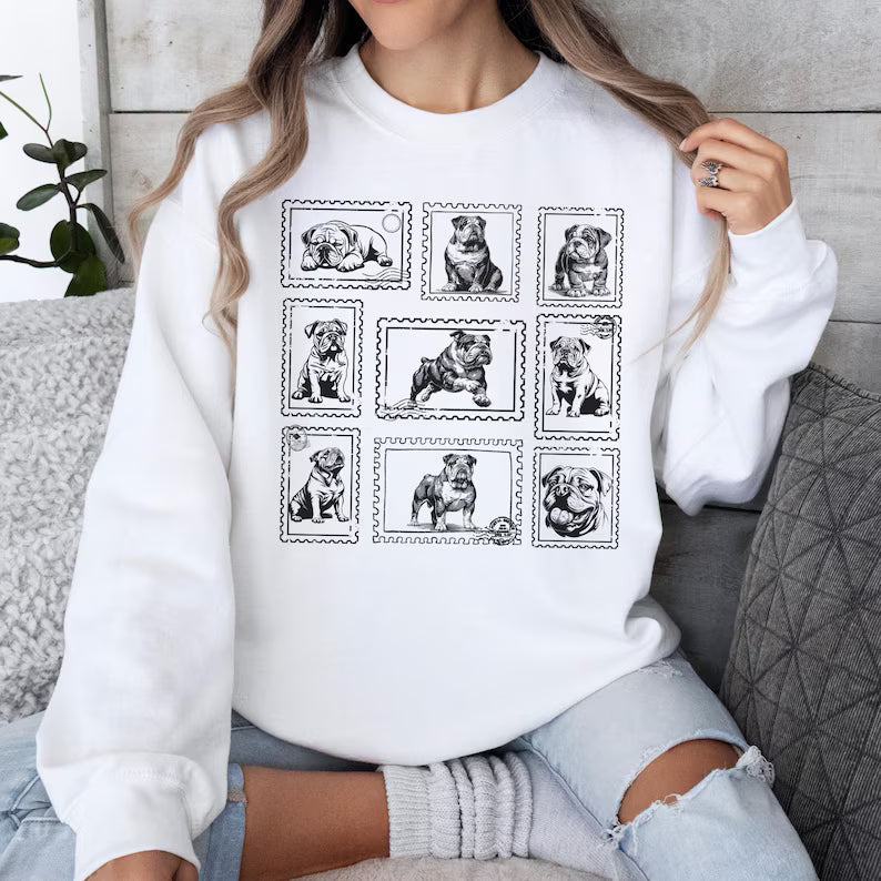 English Bulldog Vintage Stamp Sweatshirt, Bulldog Dog Mom Crewneck Sweater, Retro Bulldog Shirt, Gift for Dog Lover, New Dog Owner Gift